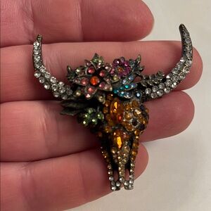 Colorful Rhinestone Bull Skull Brooch rhinestone pin western longhorn sparkly